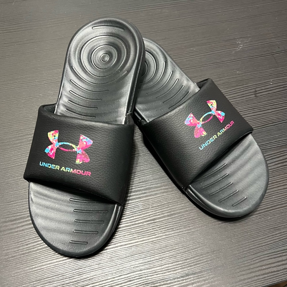 Under Armour Girl's Ansa Fix Slide Sandals - Rainbow & Black -Youth Size 4